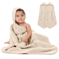 Comfy Cubs 아동용 베이비 후드 모슬린 면 타월 2팩 라지 81.3 x 81.3cm32 32인치 매우 부드럽고 따뜻하며 흡수력이 좋습니다. 아기 필수품 목욕 타월 여아, Sand, Pack of 1 - Baby