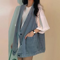 여성청조끼 티셔츠 세트 데님청조끼 청조끼 루즈핏 베스트 여성청조끼베스트