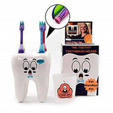 Mr. Toothy Kids Toothbrush Holder with Bonus Sugar Bug Rinse Cup. Tooth Shaped Novelty Child Toothbrush Holder Set. Larg