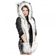 FakeFace 3 in 1 Unisex 남성 여성 소녀 가짜 토끼 모피 만화 동물 여우 귀 후드 까마귀 Earflap 모자 긴 스카프 스누드
