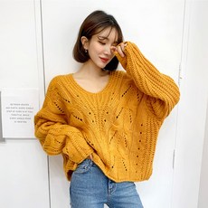 퍼니걸스 루즈핏 브이넥 펀칭 니트_2548