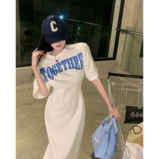 op1295레터링데이트룩편안한여자허리잘룩h라인반팔롱원피스