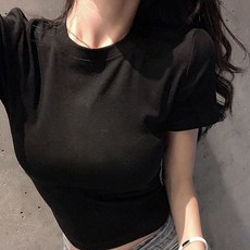 [큐티팝] 쿨~ 시원한원단! 데일리핏! 목늘어남 없는 쫀쫀한 세미 크롭 라운드 티셔츠