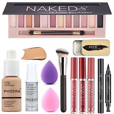 All in One Makeup Kit For Girls12 Colors Naked Eye 올인원 메이크업 키트 여성용 12가지 색상 네이키드 아이섀도 팔레트 PHOERA 파운데, 1개
