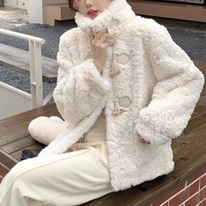 POMTOR 여성 가을 화이트 포근한 더플 코트 캐주얼 데일리 루즈핏 자켓
