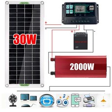 18V 30W 태양 전지 패널 12V 220V 태양 광 발전 시스템 배터리 충전기 2000W 인버터 USB 키트 완료 컨트롤러 홈 그리드 캠프 전화|태양광 셀|, 1개, 10A SET