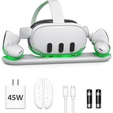 D.Gruoiza VR 충전 스테이션오큘러스메타 퀘스트 3용 45W USBC 충전기 LED 인디케이터 독 동시 헤드셋 및 터치 컨트롤러 2개 충전식 배터리 포함