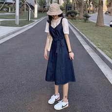 여성(S-4XL) 여름 데님스커트 슬림 멜빵스커트 셔츠세트
