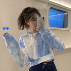 여성용 타이 염색 스웻셔츠 올매치 디자인 데일리 한국 스타일 헐렁한 패션 풀오버 레저 O-넥 심플 후드 크롭 인스