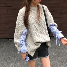 제이헬렌 겨울 루즈핏 스트라이프 남방 셔츠 꽈배기 니트