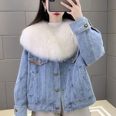 모피칼라데님자켓 리얼 유러피안 데님 패치 구스다운 폭스 퍼 카라 밍크 패딩 여 추동 오버핏 코트 도톰