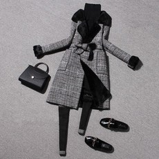 겨울 가을 보온 코트 체크 자 하프기장 모직코트 여성 모직