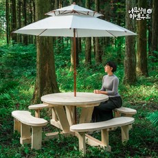 미엔우드 야외용 원형 원목 테이블+파라솔 세트 야외 카페 정원 일체형 월넛색, 원형 일체형 [월넛색]