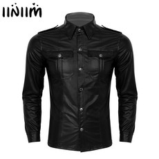 Iiniim trend wetlook 남성 의류 가죽 턴 다운 칼라 버튼 다운 슬림 피트 나이트 클럽 셔츠 성인 파티 클럽웨어|캐쥬얼 셔츠|