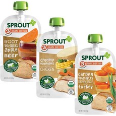 Sprout 스프라우트 이유식 3단계 파우치 퓨레 3종(뿌리 채소 및 소고기 크리미 채소 및 닭고기 가든 채소 및 칠면조) 18개입 113g