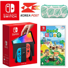 닌텐도 스위치 OLED 모델, 닌텐도 OLED네온블루+동물의숲 게임칩+알로하파우치