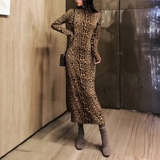 당일배송 애니멀 레오파드 뱀피 프린팅 코튼 면 스판 반폴라 롱 원피스
