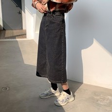 옴니아 여성H라인 롱데님스커트 흑청 캐주얼룩 빅사이즈W13