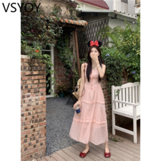 vsyoy 프랑스 젠틀 레이스 업 핑크 슬립 원피스