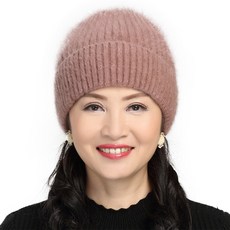 레이빈컴퍼니 엄마겨울모자 중년 니트모자 더블레이어 노인모자 가을 토끼 털모자 털실 보온