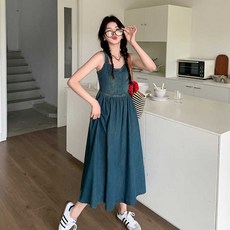 로로희 톰보이 김남주 딘트 캐주얼 슈트 A라인 롱 7부 반팔 데님 원피스 A07