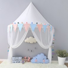 여자 아이 방 공주 님 침대 벽 캐노피 커텐 텐트 폼폼 레이스 꾸미기, 페넌트 1.45m + 모기장