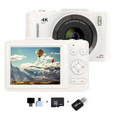 RUN기술 하이엔드 미니 디지털 카메라 2.8 inch+64G메모리카드+카드 리더기, 화이트