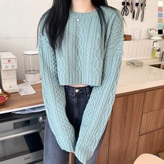 티데일리 여성용 클라우드 루즈 크롭 니트 라운드 꽈배기 도톰 티셔츠