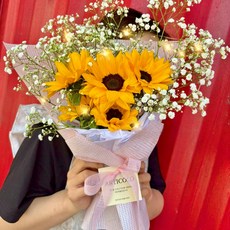 [주말배송 가능] 아르띠콜로 해바라기 생화 LED 안개꽃다발 +포토카드set, 해바라기 송이수, 5개