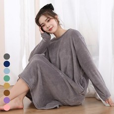 턴키 여성용 빅사이즈 극세사 수면 롱 홈웨어 오버핏 파자마 원피스