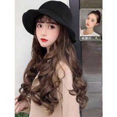 여자삭발 모자 가발 가채 항암 암환자 가발모자 여장 웨이브 가을겨울 일체형 패션, 01 검은모자의 곱슬머리[답청색], 01 프리사이즈
