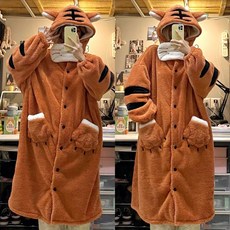 도톰한 코랄 캐릭터 큐티 타이거 잠옷 여 겨울 후드 홈웨어 잠옷 겨울