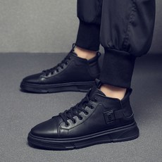 도오빠 테슈키 남성 블랙 하이탑 스니커즈 가죽 운동화 3.5cm 플랫 부츠 워커 가을 겨울 사계절 남자운동화 신발
