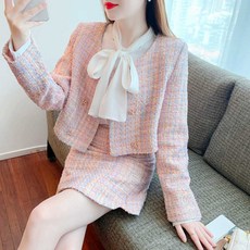 트위드자켓 재킷 노카라 여성 핑크 스커트 봄 옷