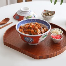 뚜껑있는 일본식 돈부리 텐동 멜라민 그릇 2세트, 화이트 대+레드 대