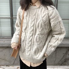 여자 꾸안꾸 박시핏 꽈배기 케이블 니트 티셔츠