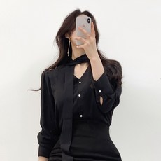 오드리버블 [오피스룩/하객룩] 쉬폰 진주 리본 타이 면접 블라우스 4color