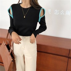 겨울 가을 디자인 감각 오프숄더 어깨트임 긴 소매 니트 여성 슬림 숏 상의 라운드니트
