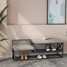 철제 슈벤치 현관 신발장 의자 벤치 철제 전실 신발가계 소품, 100cm블랙프레임-다크그레이천오른쪽작은좌석