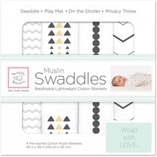 SwaddleDesigns Cotton Muslin Swaddle 담요 4 개 세트 금 및 흑연, 단일상품