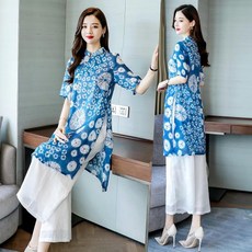 해외 치파오 스타일 중국 원피스 드레스 복고원피스 차이나 스타일 개량 베트남 패션녀 아오자이 가운 원피스 와이드 팬츠-11064