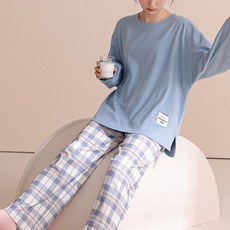 파스텔 체크 라운드 긴팔 상하세트 파자마 홈웨어 잠옷