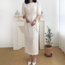 핑크꼴라주 셀프웨딩 하객 퍼프 실키 돌잔치 엄마 원피스 (아이보리 블랙)