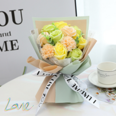 셔니엘 조화 비누 꽃다발 특별한 선물 여자친구 꽃 기념일 생일 졸업 (비누 꽃다발+투명 쇼핑백), 레몬 샴페인