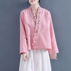 POMTOR 여성 봄 가을 도톰 한복 스타일 자수 브이넥 긴팔 블라우스