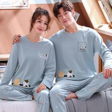 커플잠옷세트 신혼부부 빅사이즈 공룡 만화 잠옷 코튼 커플 긴 소매 여성 남성 라운지웨어 플러스 사이즈 PJS 홈 의류