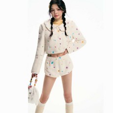 NECY 양털 벨벳 숏코트 화이트 키치 스타일 귀여운 정장