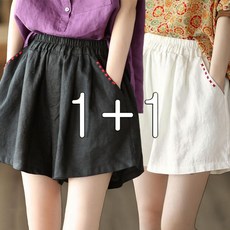 POMTOR 1+1 여성 순면 밴딩 와이드 팬츠 자수 여름 캐주얼 반바지