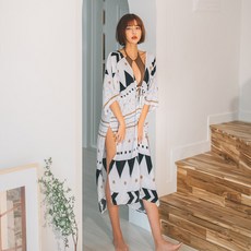 헤링본 여성 루즈핏 롱 로브가디건 비키니 커버업 여름 비치웨어 수영복 모노키니 휴양지 S112