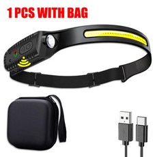 LED 헤드램프 USB 충전식 LED 센서 헤드 램프 XPE + COB 헤드 라이트 Led 헤드 토치 캠핑 검색 라이트 헤드 손전등 낚시 랜턴, 1Pcs with bag